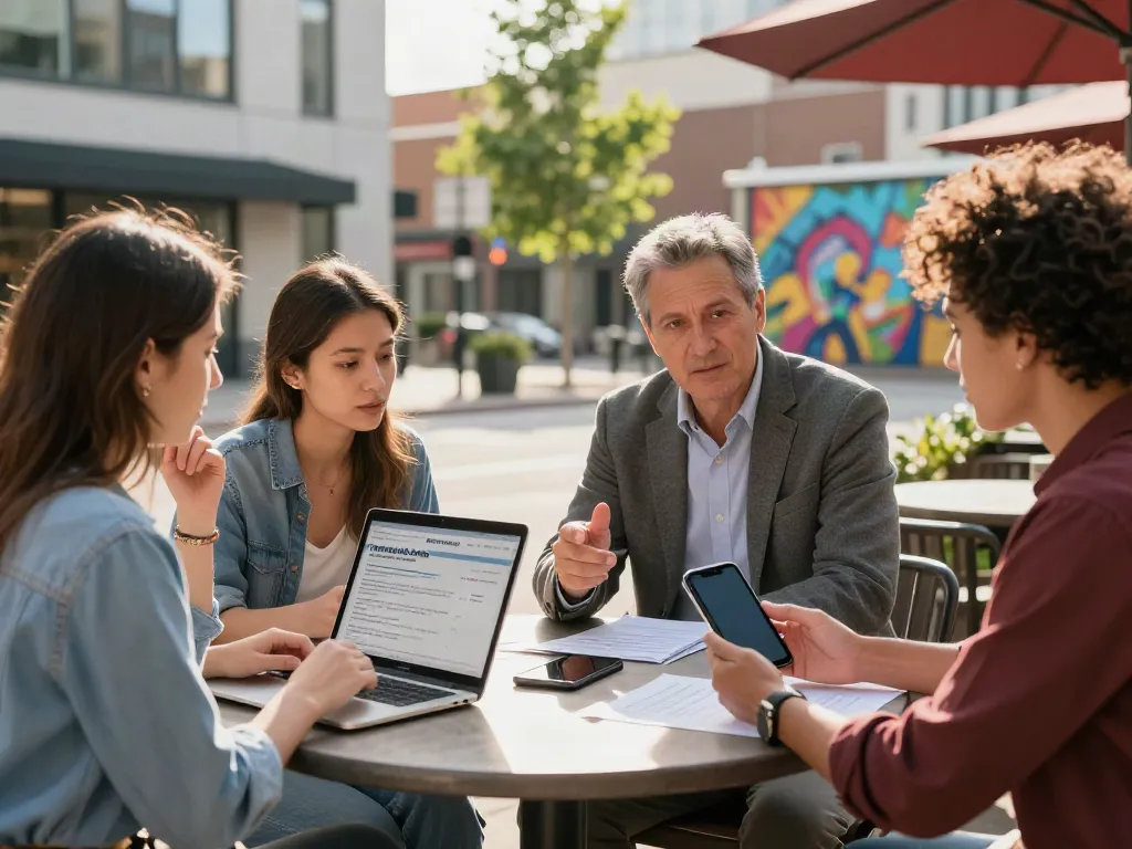 Engaging discussion about payday loans at an outdoor café in Edmonton, highlighting financial empowerment for diverse individuals.