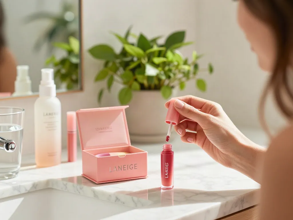 Vrouw gebruikt Laneige lip balm in een zonovergoten badkamer met beautyproducten op de achtergrond.